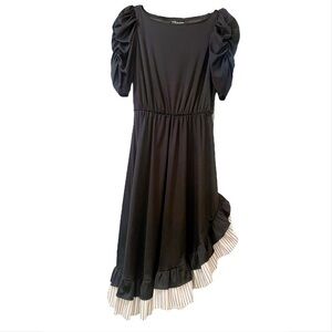 Vintage Ruffle Hem Wide Neck Black Striped Midi Dress With Ruched 3/4 Sleeves‎
